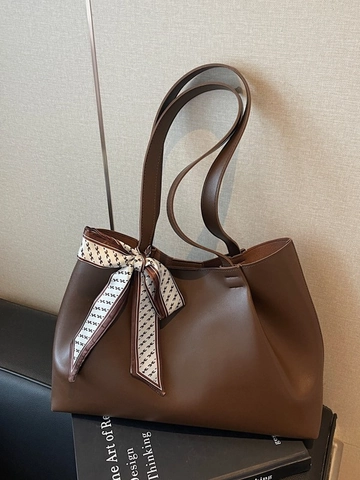 Borsa Tote da Donna in Pelle PU di Grande Capacità con Sciarpa di Seta Decorativa Borsa a Tracolla Casual Shopping
