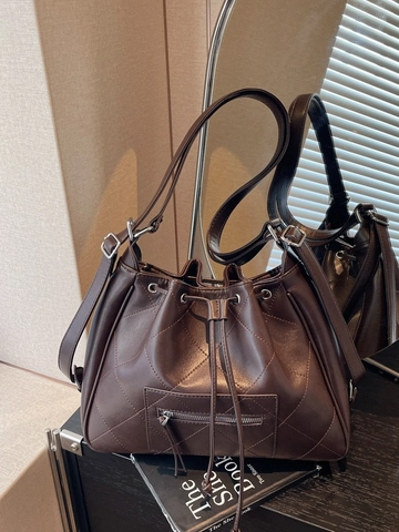 Vintage PU Gesteppter Eimer Rucksack Für Damen Große Kapazität Kordelzug Umhängetasche Mit Reißverschluss Vorne Vielseitige Reisetasche