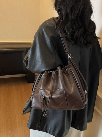 Vintage PU Gesteppter Eimer Rucksack Für Damen Große Kapazität Kordelzug Umhängetasche Mit Reißverschluss Vorne Vielseitige Reisetasche