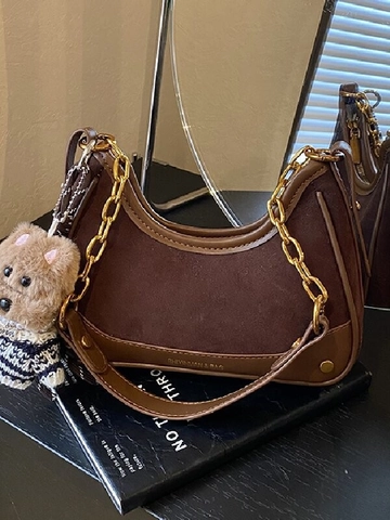 Retro PU Leather Patchwork Crescent Hobo Bag Women Fashion Shoulder Crossbody Bag With Metal Chain Decoration And Plush Pendant