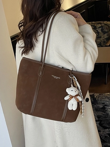 Borsa Tote da Donna Grande Capacità in PU Opaco Con Ciondolo Orsetto Vintage Minimalista Borsa a Tracolla Moda Quotidiano