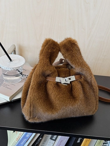 Damen Süße Plüsch Eimertasche Luxus Kunstpelz Umhängetasche Retro Metallschloss Crossbody Handtasche Für Herbst Winter Alltag