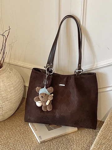 Damen Gesteppte Tragetasche Mit Großer Kapazität PU Leder Vintage Rautenmuster Schultertasche Mit Bärenanhänger Handtasche