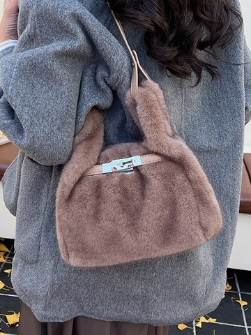 Damen Süße Plüsch Eimertasche Luxus Kunstpelz Umhängetasche Retro Metallschloss Crossbody Handtasche Für Herbst Winter Alltag