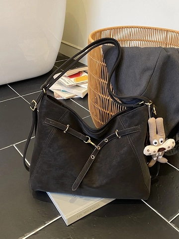Vintage Minimalistische Große Kapazität Damen PU Leder Schultertasche Plissee Vielseitiger Pendler Rucksack Mit Anhänger