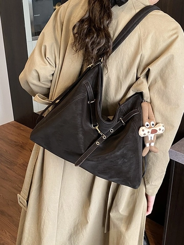 Vintage Minimalistische Große Kapazität Damen PU Leder Schultertasche Plissee Vielseitiger Pendler Rucksack Mit Anhänger
