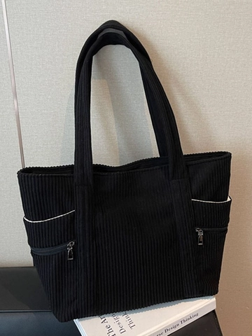 Women Vintage Corduroy Tote Bag Large Capacity Casual Shoulder Bag Solid Color Commuter Shopping Bag Multi Pocket Handbag