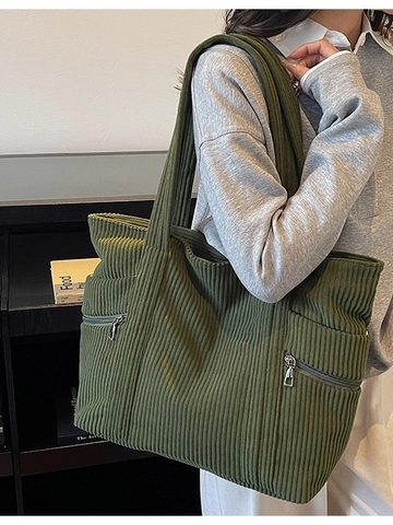 Women Vintage Corduroy Tote Bag Large Capacity Casual Shoulder Bag Solid Color Commuter Shopping Bag Multi Pocket Handbag