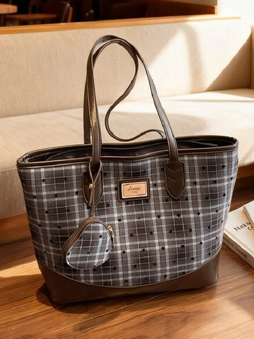 Sac Cabas de Grande Capacité en Cuir PU Avec Porte-monnaie Cœur Vintage à Carreaux et Étoiles Sac à Épaule pour Femme Mode Décontractée Travail Shopping