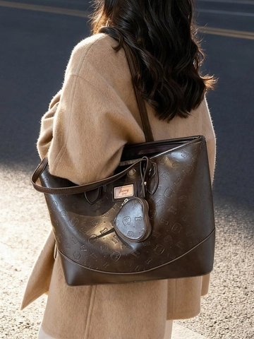 Sac Cabas de Grande Capacité en Cuir PU Avec Porte-monnaie Cœur Vintage à Carreaux et Étoiles Sac à Épaule pour Femme Mode Décontractée Travail Shopping