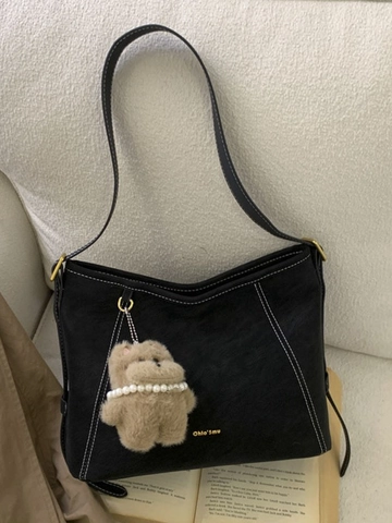 Borsa a Secchiello in Pelle PU Vintage da Donna Cuciture a Contrasto Grande Capacità Tracolla a Spalla Con Ciondolo Orsetto