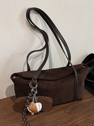 Vintage Hobo-Tasche aus Wildleder für Damen Großes Fassungsvermögen Dumpling Schultertasche mit Baseball-Anhänger Casual Shopper