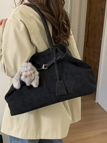 Women Frosted PU Leather Large Capacity Tote Bag Commuter Shoulder Bag With Plush Rabbit Pendant Solid Color Shopper Bag