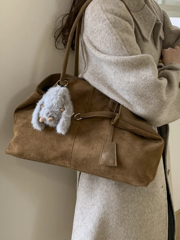 Women Frosted PU Leather Large Capacity Tote Bag Commuter Shoulder Bag With Plush Rabbit Pendant Solid Color Shopper Bag