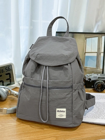 Women Lightweight Nylon Drawstring Backpack Large Capacity Casual School Bag With Flap Chic Student Travel Bookbag