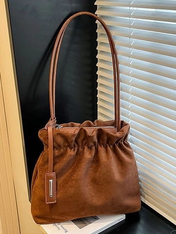 Fashion Women Suede Bucket Shoulder Bag Large Capacity Ruched Drawstring Design Stitched Chic Modern Daily Use Handbag