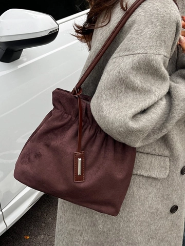 Fashion Women Suede Bucket Shoulder Bag Large Capacity Ruched Drawstring Design Stitched Chic Modern Daily Use Handbag