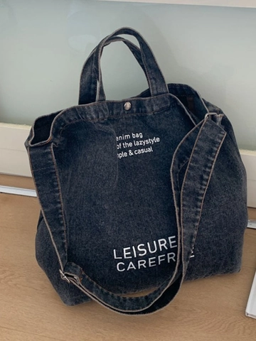 Borsa Tote in Denim di Grande Capacità per Donna Vintage Lavata Denim Borsa a Tracolla Tempo Libero Stampa Lettera Borsa a Spalla Pendolare