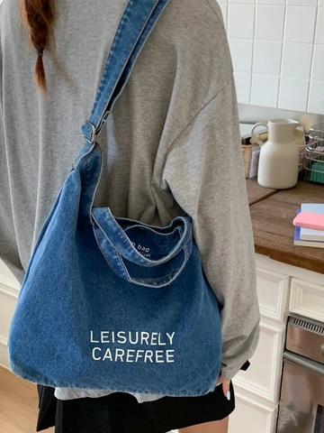 Borsa Tote in Denim di Grande Capacità per Donna Vintage Lavata Denim Borsa a Tracolla Tempo Libero Stampa Lettera Borsa a Spalla Pendolare