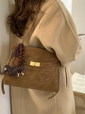 Borsa a Mano Vintage in Pelle PU Opaca per Donna Elegante Borsa a Tracolla Con Serratura Dorata e Ciondolo Animale
