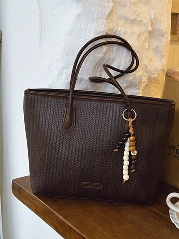 Bolso Tote de Cuero PU con Textura Trenzada de Gran Capacidad Minimalista para Mujer Bolso de Hombro Casual Retro con Colgante de Cuentas