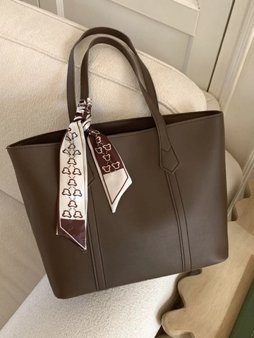 Fashion Large Capacity PU Leather Tote Bag For Women With Silk Scarf Contrast Stitching Shoulder Commute Bag