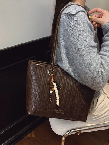 Bolso Tote de Cuero PU con Textura Trenzada de Gran Capacidad Minimalista para Mujer Bolso de Hombro Casual Retro con Colgante de Cuentas