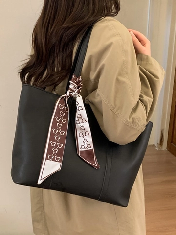 Fashion Large Capacity PU Leather Tote Bag For Women With Silk Scarf Contrast Stitching Shoulder Commute Bag