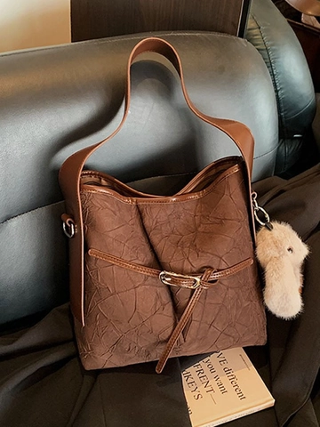 Sac Bandoulière Seau Plissé Vintage Pour Femmes Grande Capacité En Similicuir PU Sac À Épaule Avec Charme Lapin En Peluche Sac Navette