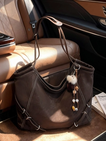 Borsa Tote in Pelle PU Retro Grande Capacità per Donna Borsa a Spalla con Cuciture a Contrasto Borsa da Ufficio e Viaggio con Pendente