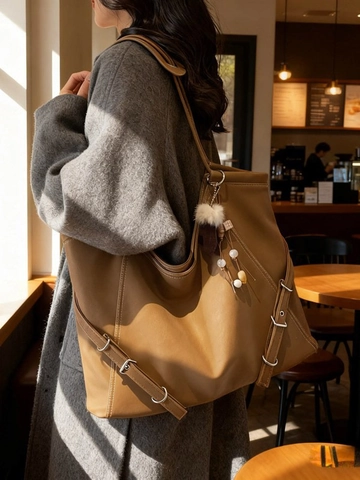 Borsa Tote in Pelle PU Retro Grande Capacità per Donna Borsa a Spalla con Cuciture a Contrasto Borsa da Ufficio e Viaggio con Pendente