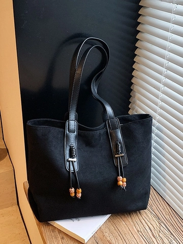 Borsa Tote Donna alla Moda Grande Capacità in Pelle PU Opaca Retrò Con Perline di Legno Elegante Borsa a Spalla Casual Pendolare