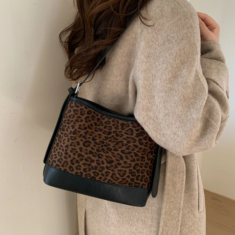 Vintage Suede Patchwork Shoulder Bag For Women Large Capacity Leopard Print Underarm Tote Fashion Retro Bucket Bag