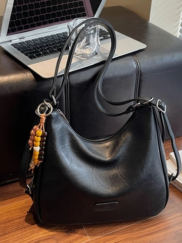 Damen Große Kapazität PU Leder Hobo Schultertasche Vintage Minimalistisch Unterarm Handtasche Mit Perlenanhänger Für Alltag