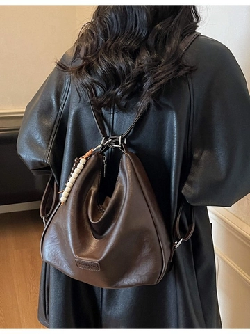 Damen Große Kapazität PU Leder Hobo Schultertasche Vintage Minimalistisch Unterarm Handtasche Mit Perlenanhänger Für Alltag