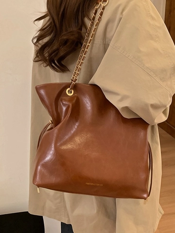 Sac Fourre-tout en Cuir PU Femme Grande Capacité Sac Seau Brillant Vintage Avec Bandoulière Chaîne Rétro Sac à Épaule