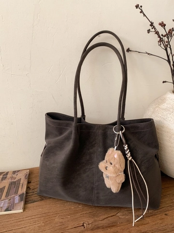 Retro Matte PU Leder Tote Bag Für Damen Große Kapazität Vintage Pendler Umhängetasche Weiche Matte Shopper Tasche Mit Anhänger