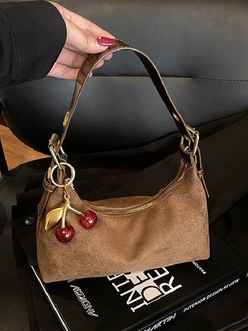 Vintage Dames PU Hobo Onderarm Tas Grote Capaciteit Tote Schoudertas Met Schattige Kersenhanger Stiksels Daily Retro Messenger Bag