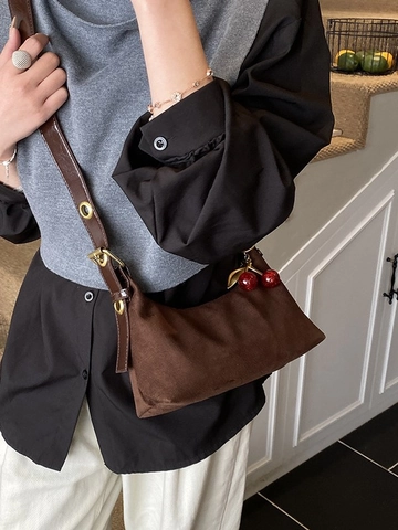 Vintage Dames PU Hobo Onderarm Tas Grote Capaciteit Tote Schoudertas Met Schattige Kersenhanger Stiksels Daily Retro Messenger Bag