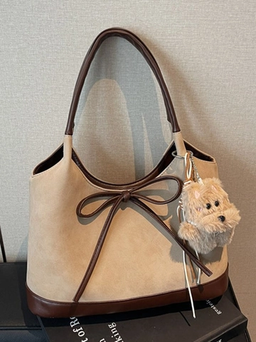 Μεγάλη Χωρητικότητα Vintage Τσάντα Tote Για Γυναίκες PU Δέρμα Χρώμα Αντίθεσης Τσάντα Ώμου Με Φιόγκο Και Λούτρινο Μενταγιόν Καθημερινή Τσάντα Γραφείου