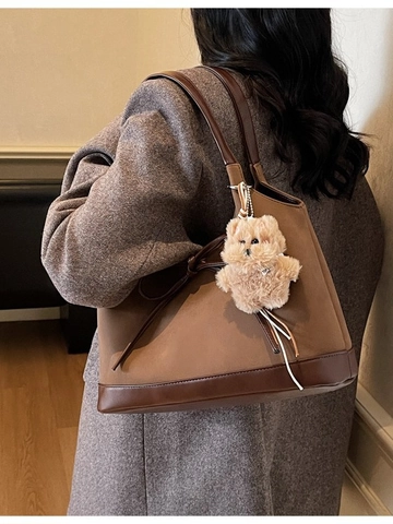 Μεγάλη Χωρητικότητα Vintage Τσάντα Tote Για Γυναίκες PU Δέρμα Χρώμα Αντίθεσης Τσάντα Ώμου Με Φιόγκο Και Λούτρινο Μενταγιόν Καθημερινή Τσάντα Γραφείου