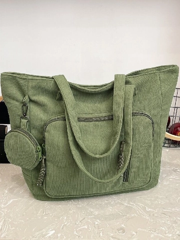 Women Large Capacity Corduroy Tote Bag Casual Shoulder Bag With Small Round Purse Retro Solid Color Top Handle Bag For Commuting