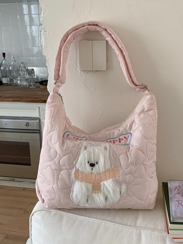 Borsa Tote da Donna Trapuntata a Forma di Cuore Grande Capacità Ricamo Cartone Animato Borsa a Tracolla per Ufficio Moda
