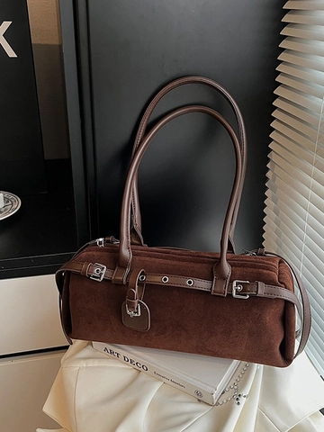 Vintage Damen Wildlederimitat PU-Leder Unterarmtasche Matte Zylindertasche Schultertasche Mit Gürtelschnalle Pendler Handtasche