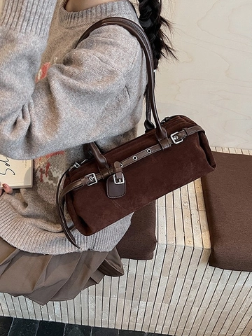 Vintage Damen Wildlederimitat PU-Leder Unterarmtasche Matte Zylindertasche Schultertasche Mit Gürtelschnalle Pendler Handtasche