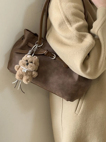 Women's Retro Large Capacity PU Leather Tote Bag Matte Finish Commuter Shoulder Bag With Plush Puppy Pendant Fashion Handbag