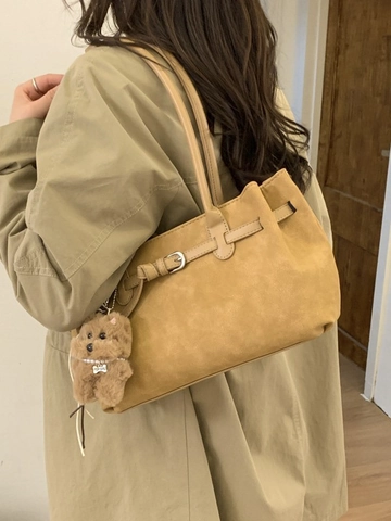 Women's Retro Large Capacity PU Leather Tote Bag Matte Finish Commuter Shoulder Bag With Plush Puppy Pendant Fashion Handbag