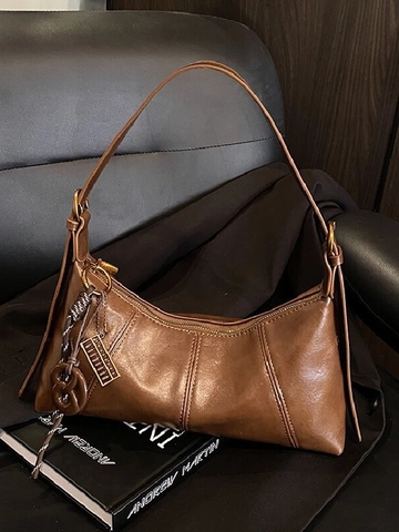 Vintage PU Leren Okseltas Voor Vrouwen Minimalistisch Effen Kleur Baguette Schoudertas Stiksels Detail Woon-werkverkeer Werk Mode Handtas