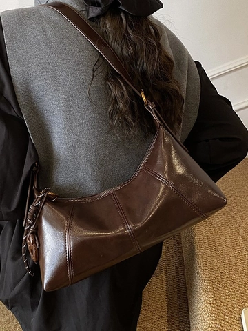Vintage PU Leren Okseltas Voor Vrouwen Minimalistisch Effen Kleur Baguette Schoudertas Stiksels Detail Woon-werkverkeer Werk Mode Handtas
