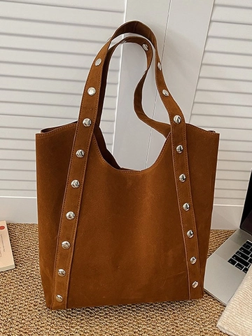 Large Capacity Women Retro PU Leather Tote Bag With Silver Studs Rivet Decor Minimalist Shoulder Bag For Commuting Daily Work